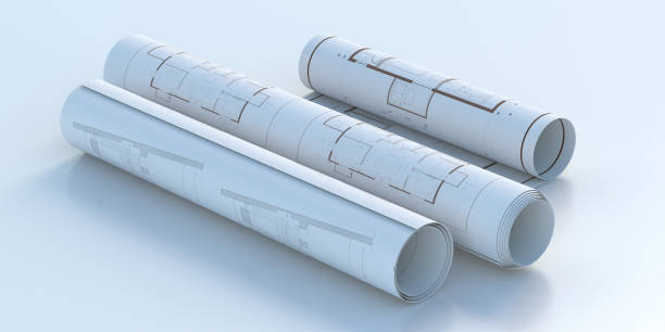 Construction project concept. Architecture blueprint rolls on white color background, 3d illustration stock photo