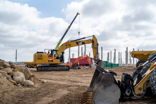 Construction site with excavator and bulldozer stock photo