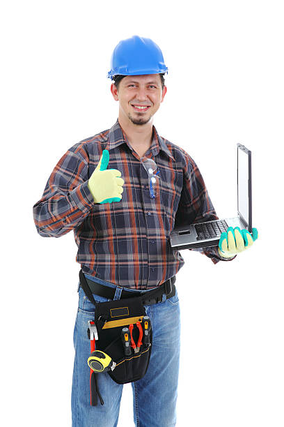 Construction Worker Friendly & Laptop stock photo