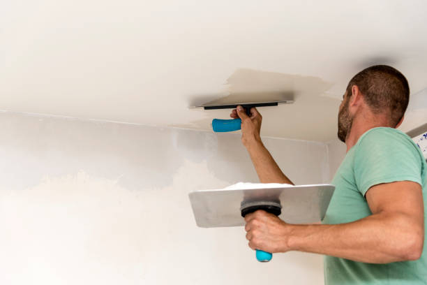 A construction worker plasters the ceiling of the room. stock photo