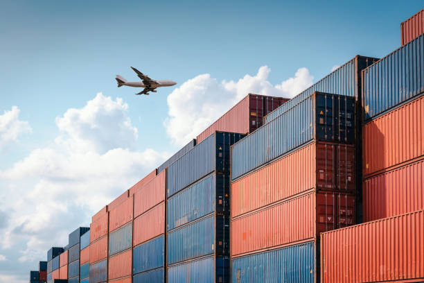 Container Cargo Port Ship Yard Storage Handling of Logistic Transportation Industry. Row of Stacking Containers of Freight Import/Export Distribution Warehouse. Shipping Logistics Transport Industrial stock photo