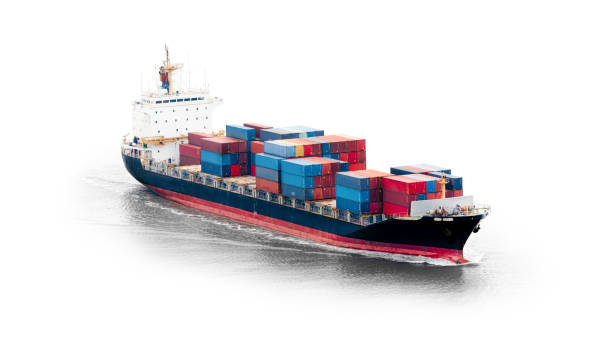 container cargo ship isolated on white background, freight transportation and logistic, shipping - aerial container ship imagens e fotografias de stock