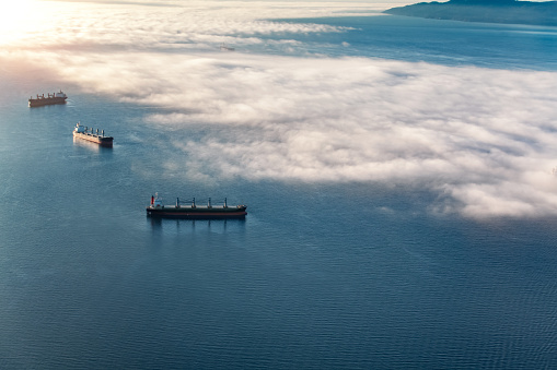 Container cargo ships in Vancouver's English Bay