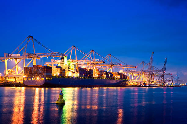 Container terminal at night stock photo