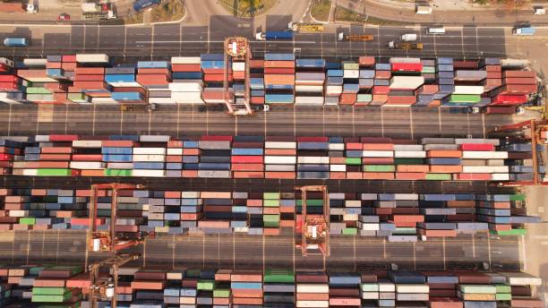 Container terminal port view in drone. stock photo