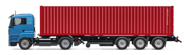 Container truck, side view. 3D rendering isolated on white background Container truck, side view. 3D rendering isolated on white background semi truck side view stock pictures, royalty-free photos & images