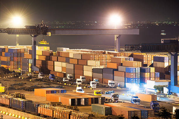 Containers in port at night stock photo