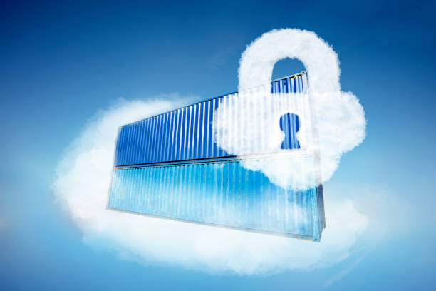 Containers in the cloud with security lock icon stock photo