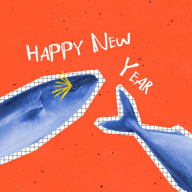 contemporary art collage. modern design for greeting card. concept of merry christmas, 2022 new year. blue fish congrats happy new year - santa holding magazine bildbanksfoton och bilder