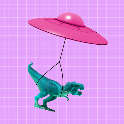 Pink flying saucer delivering toy dinosaur. Copy space for ad, text. Modern design. Conceptual, contemporary bright artcollage. Retro style, surrealism, fashionable.