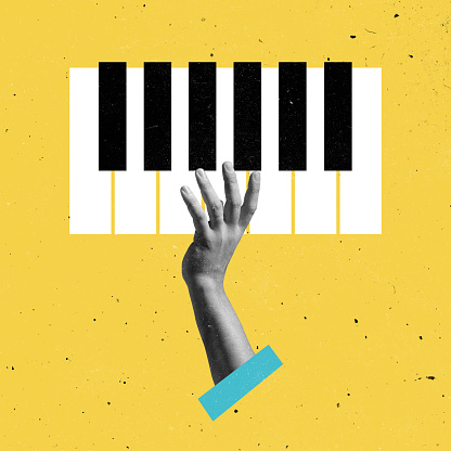 Hands play the piano. Composition with black and white piano keys, synthesizer isolated on light background. Conceptual, contemporary art collage. Retro styled, surrealism, fashionable. Idea, aspiration