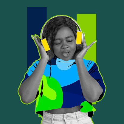 Contemporary artwork of beautiful african woman listening to music in headphones isolated on green background with geometric figures design. Concept of art, creativity, imagination. Copy space for ad
