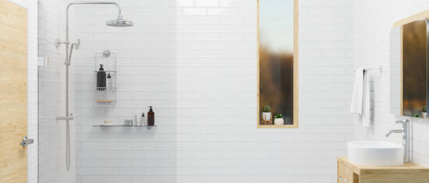 Contemporary bathroom interior with wood and tiles design, modern shower zone stock photo