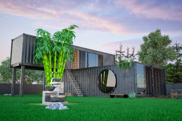 Contemporary Cargo Container House with Garden Contemporary Cargo Container House with Garden. 3d Render prefabricated building stock pictures, royalty-free photos & images