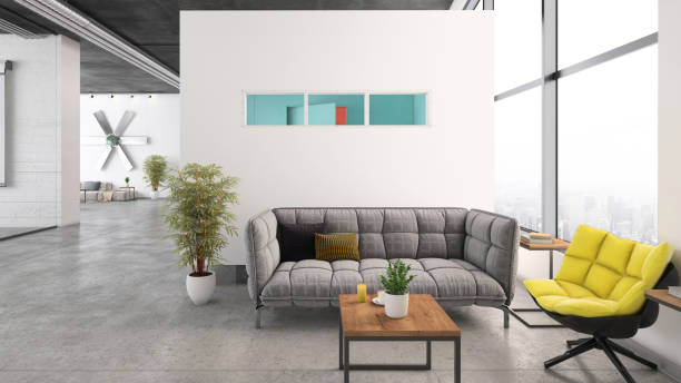 Contemporary open plan office interior with lobby Contemporary open plan office interior with waiting room. Window, concrete floor, white walls, coffee table, sofa, armchair and plant. Template for copy space. Render. office lobby stock pictures, royalty-free photos & images