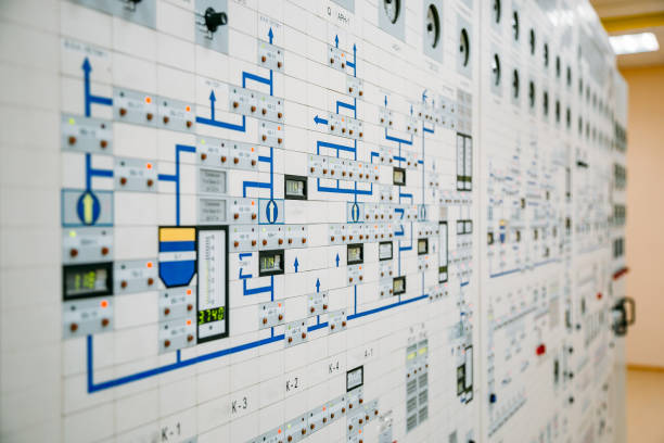Control panel dashboard of industrial machinery or power plant, selective focus stock photo