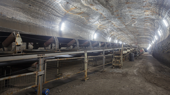 Conveyor machine in deep potash mine. Part of fertilizer production.