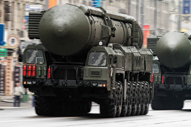 Convoy of Russian nuclear missile in military parade, Moscow, Russia stock photo