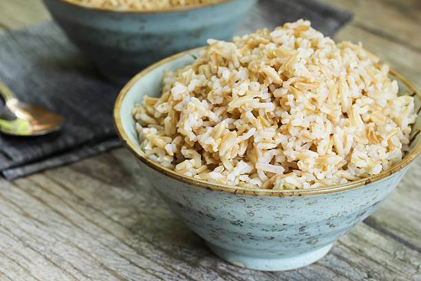 Cooked Brown Rice side view stock photo