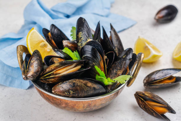 Cooked seafood mussels with lemon stock photo