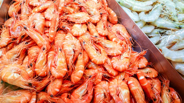 Cooked shrimps on display for sale at a local seafood store stock photo
