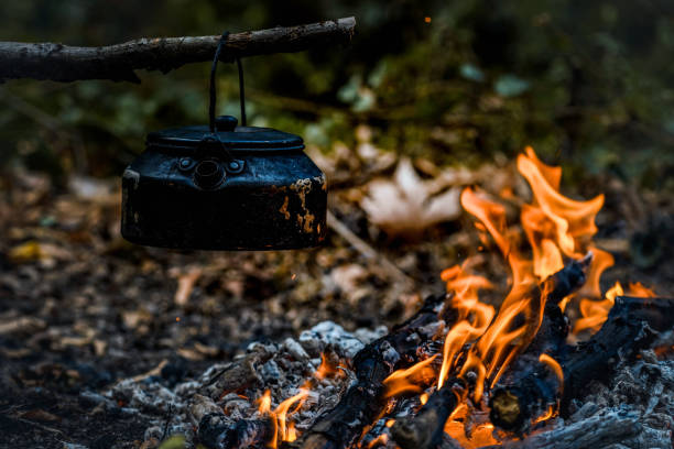 Cooking in sooty cauldron on campfire at forest Cooking in sooty cauldron on campfire at forest bushcraft stock pictures, royalty-free photos & images