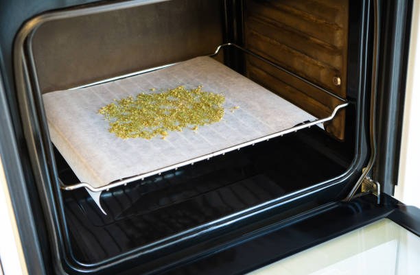 Cooking with marijuana. Baking cannabis buds to activate psychoactive effect and cook with it later. Cooking with marijuana. Baking cannabis buds to activate psychoactive effect and cook with it later. weed oven stock pictures, royalty-free photos & images