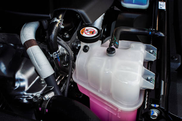Coolant tank with a pink liquid antifreeze. stock photo