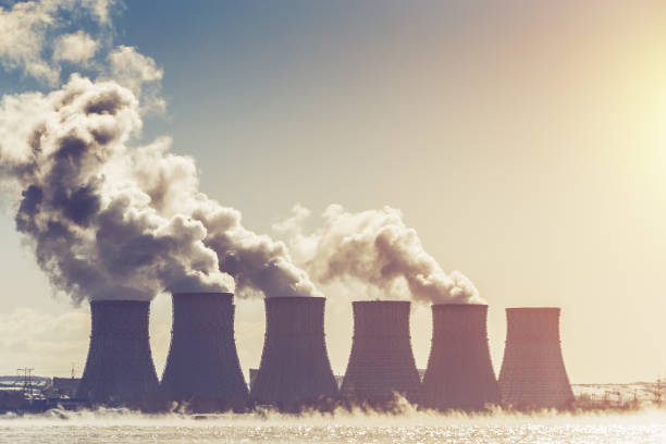 Cooling towers of Nuclear Power Plant or NPP in Novovoronezh, radioactive stock photo