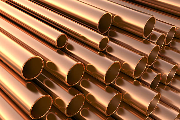 Copper pipes on warehouse. Copper pipes of different diameter cut. 3d render. copper stock pictures, royalty-free photos & images