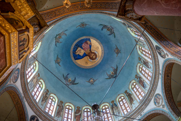 Coptic Cairo, interior of the dome of the church The Saint George's church in Cairo, blue paintings coptic christianity stock pictures, royalty-free photos & images