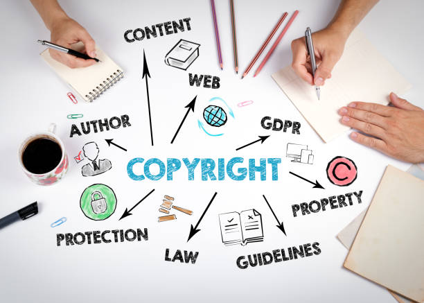Copyright Concept. Chart with keywords and icons Copyright Concept. Chart with keywords and icons. The meeting at the white office table intellectual property stock pictures, royalty-free photos & images