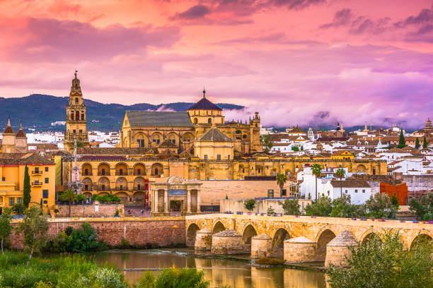 Cordoba, Spain Skyline Cordoba, Spain at the Mosque-Cathedral and Roman Bridge. andalusia stock pictures, royalty-free photos & images