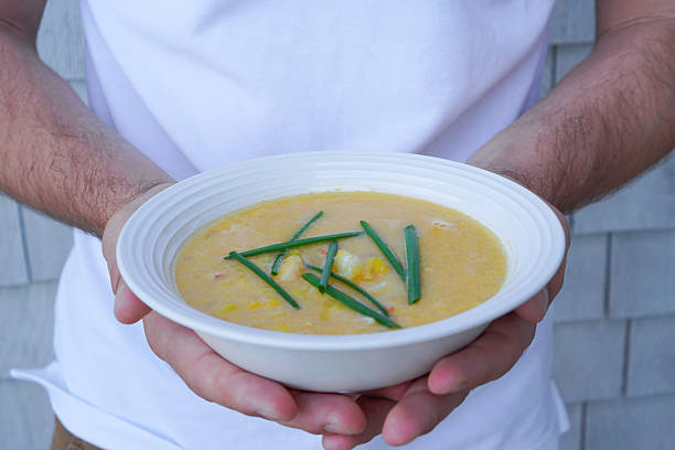 Corn Chowder with Lobster Meat Soup. stock photo