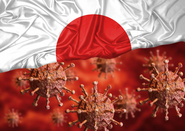 Coronavirus and Japan flag, a virus pandemic started in the Chinese city of Wuhan and is spreading across the world. stock photo
