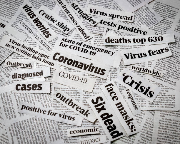 virus corona, kliping headline surat kabar covid-19. cetak informasi media terisolasi - pandemik wabah potret stok, foto, & gambar bebas royalti