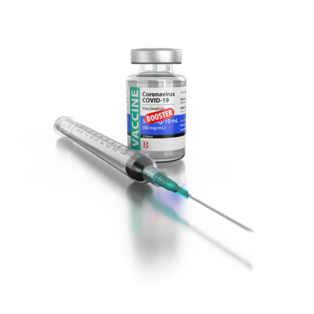 Coronavirus COVID-19 Vaccine Booster Vial and Syringe On Reflective White Background. stock photo