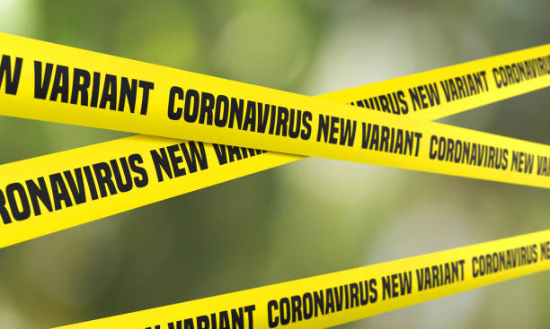 nueva variante de coronavirus barrera de cinta - covid variant fotografías e imágenes de stock