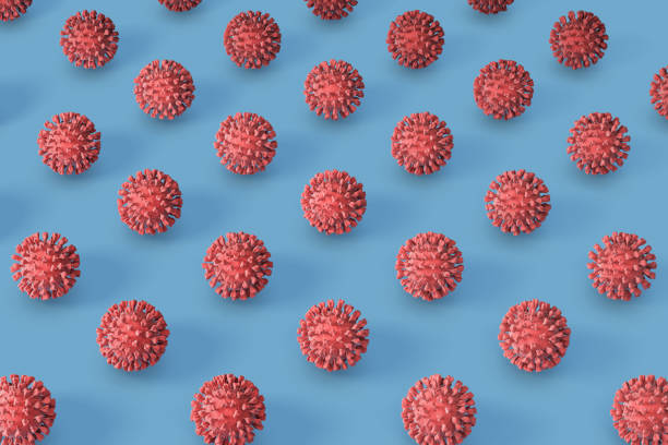 коронавирусная модель 3d рендеринга. иллюстрация, показывающая красный коронавирусный узор на синем фоне - covid variant стоковые фото и изображения