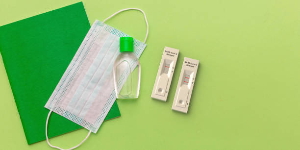 Coronavirus spread prevention measure at school. Rapid test, mask, disinfection gel and stationery on green background, stock photo