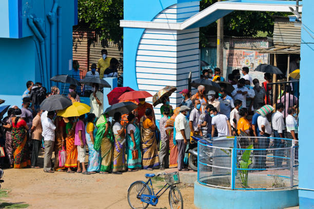 Coronavirus Vaccination Drive in Katwa West Bangal mask and social distancing stock photo