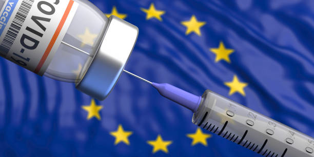 eu-coronavirus-impfstoff, sputnik v. covid-19-impfung, hintergrund der flagge der europäischen union. 3d-illustration - eu stock-fotos und bilder