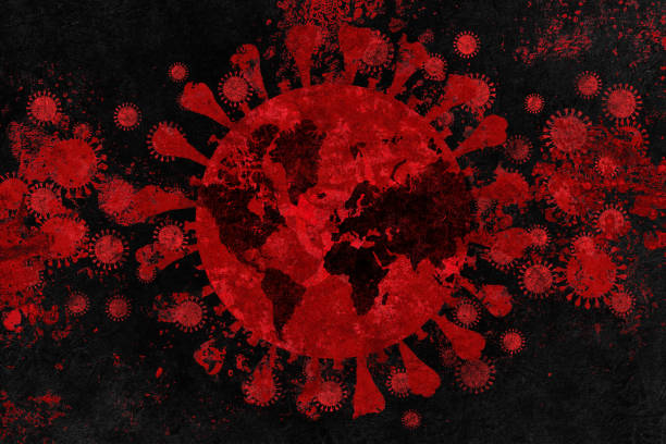 Coronavirus with biohazard symbol, world map in the background stock photo