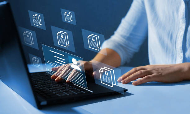 Corporate data management system and document management system with employee privacy.Employee confidentiality. Software for security, searching and managing corporate files and employee information. stock photo