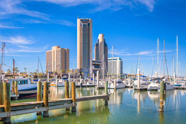 Corpus Christi, Texas, USA skyline on the bay Corpus Christi, Texas, USA skyline on the bay in the day. bay of water photos stock pictures, royalty-free photos & images
