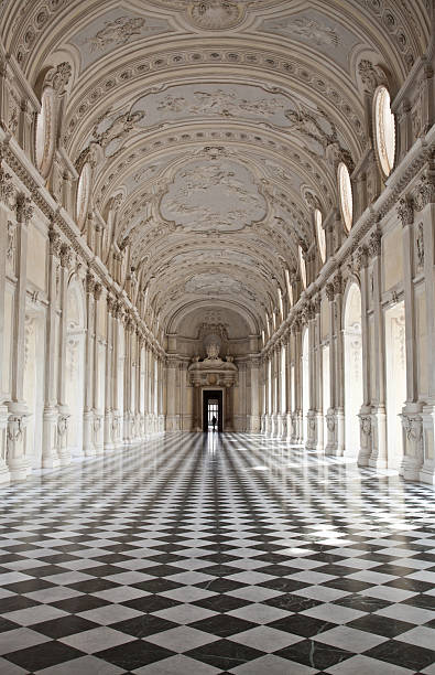 Corridor in Galleria di Diana in the Royal Palace of Venaria View of Galleria di Diana in Venaria Royal Palace, close to Torino, Piemonte region palace stock pictures, royalty-free photos & images
