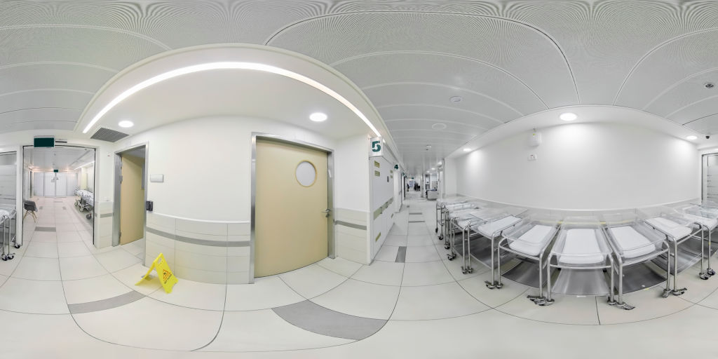 Corridor maternity ward in hospital with gurneys for newborn