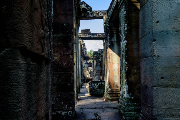 Corridor of old ancient temple stock photo