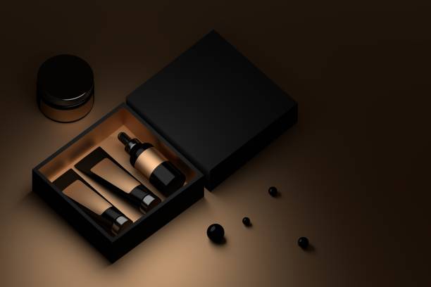 Cosmetics in black and golden box Black box with cosmetic packaging and black perls. Facial cream bottles inside a box. Branding packaging with blank surfaces. 3D illustration. cosmetic packaging stock pictures, royalty-free photos & images