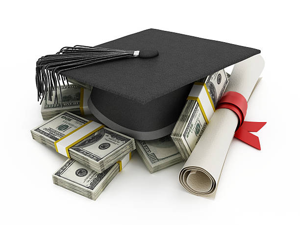 Cost of high education illustration Mortarboard and diploma standing on 100 dollar bills. expensive universities stock pictures, royalty-free photos & images